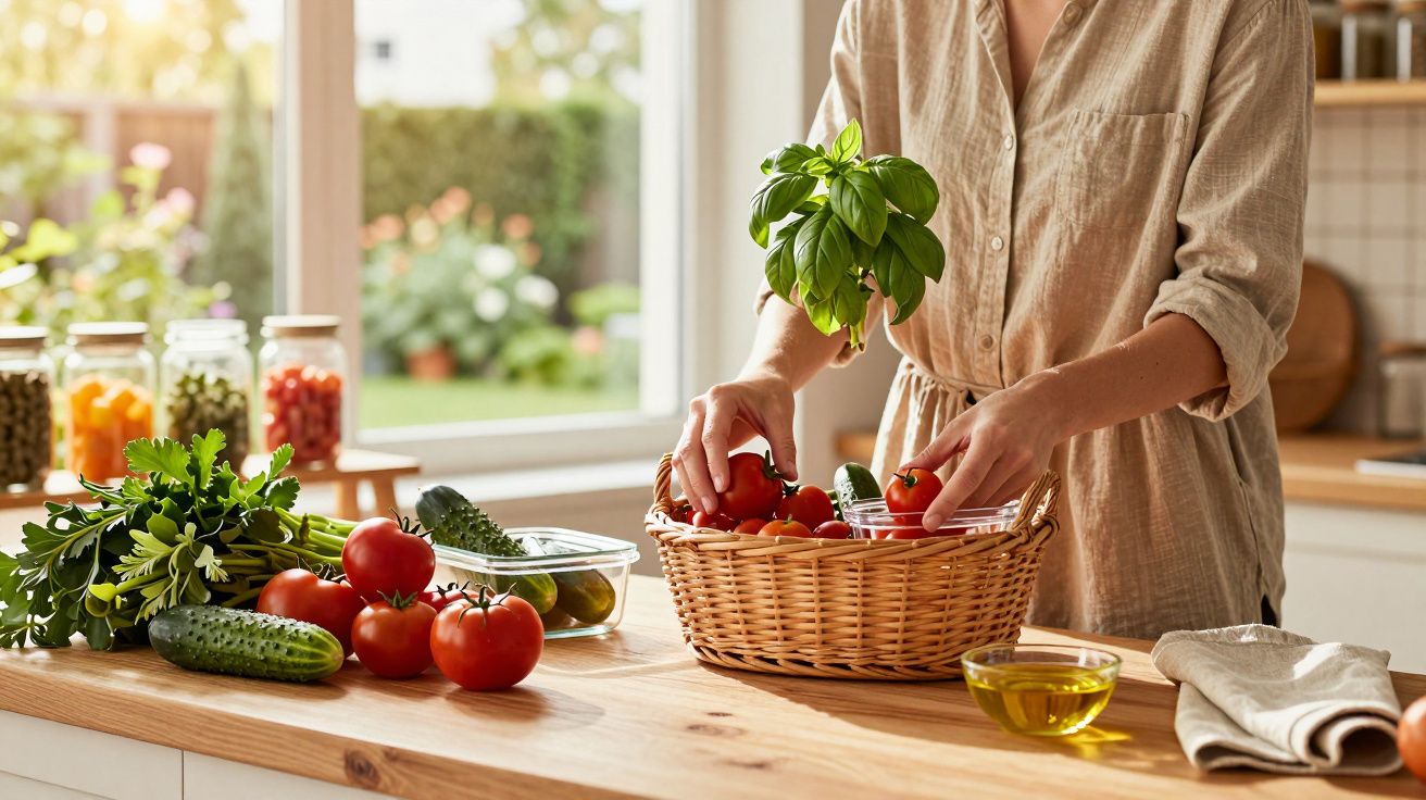 Pessoa a preparar uma cesta com tomate, manjericão e vegetais frescos numa cozinha luminosa.