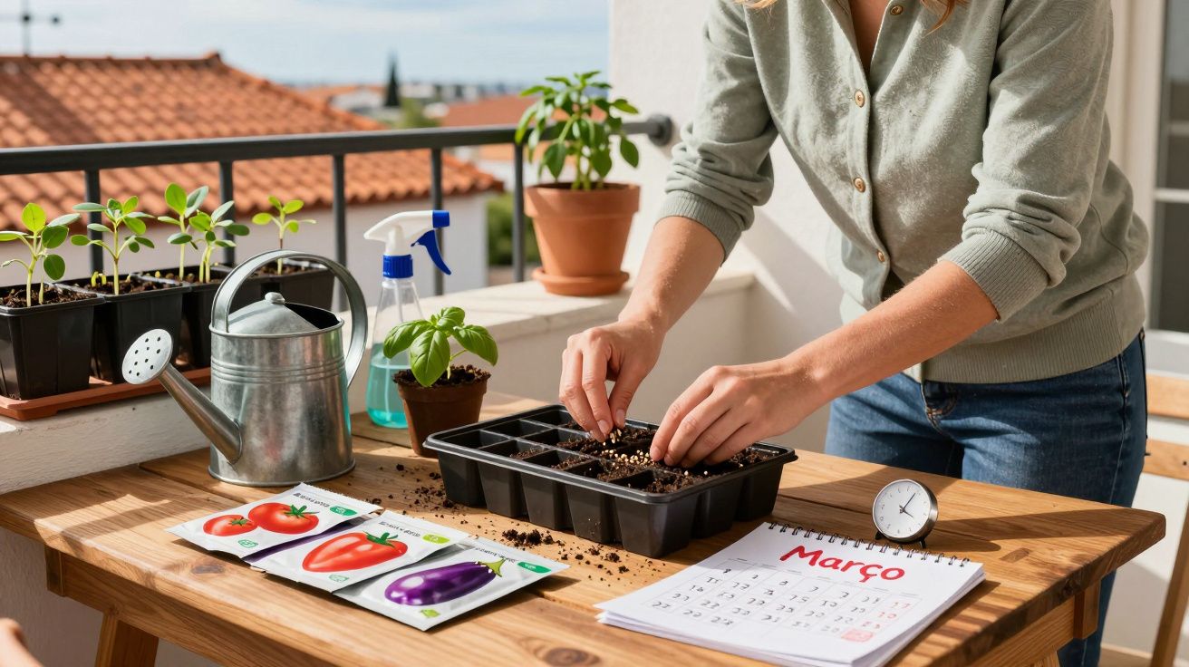 Pessoa a plantar sementes em tabuleiro de germinação num terraço com ferramentas de jardinagem e calendário de março.