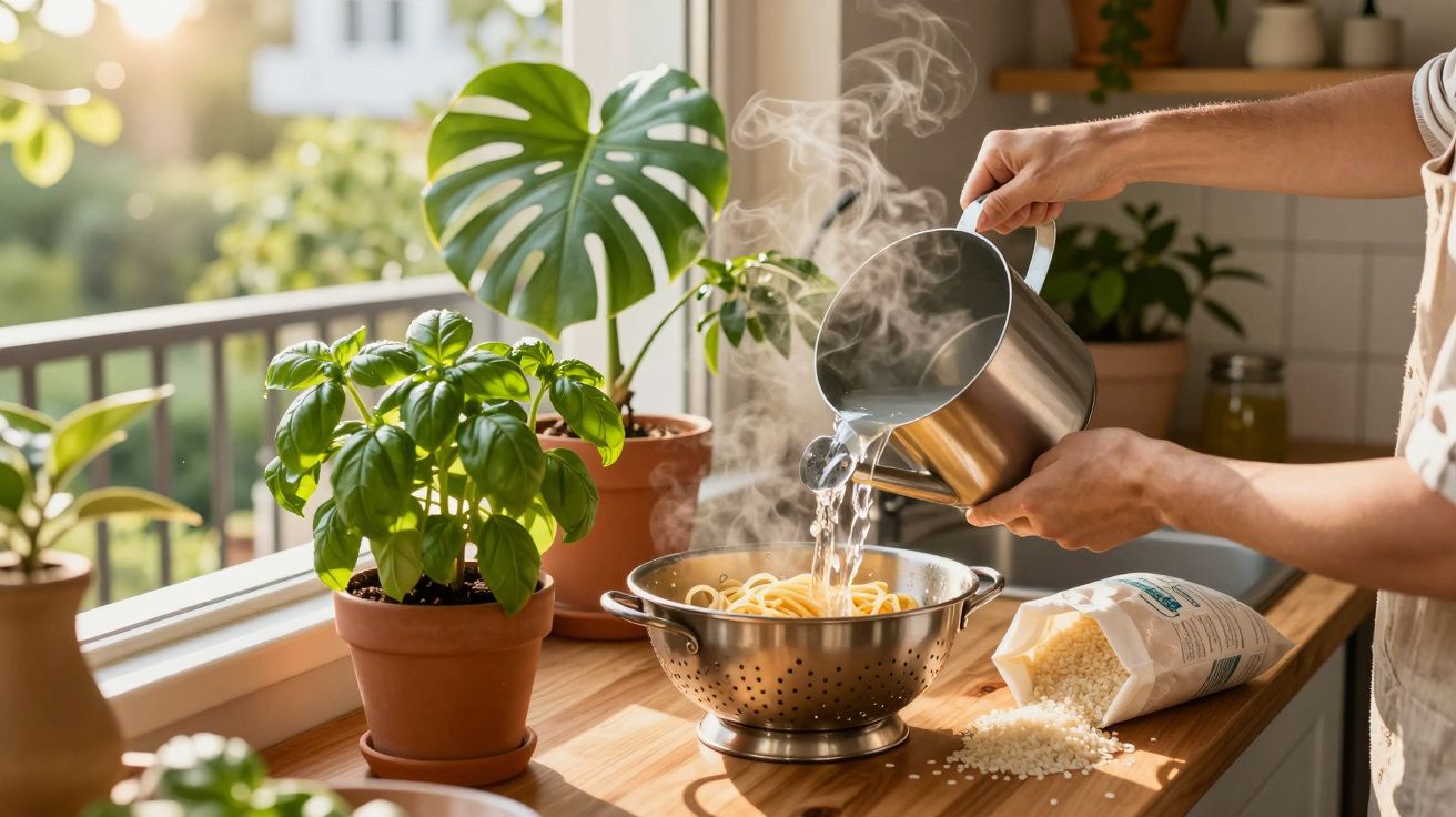 Pessoa a escorrer esparguete quente num passador com plantas em vaso numa cozinha iluminada.