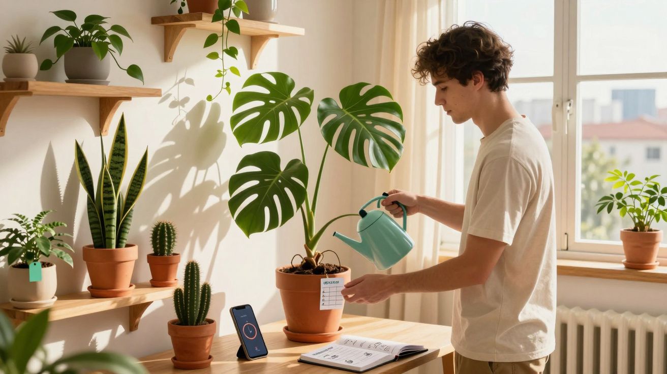 Homem jovem rega planta Monstera numa sala iluminada cheia de outras plantas em vasos.