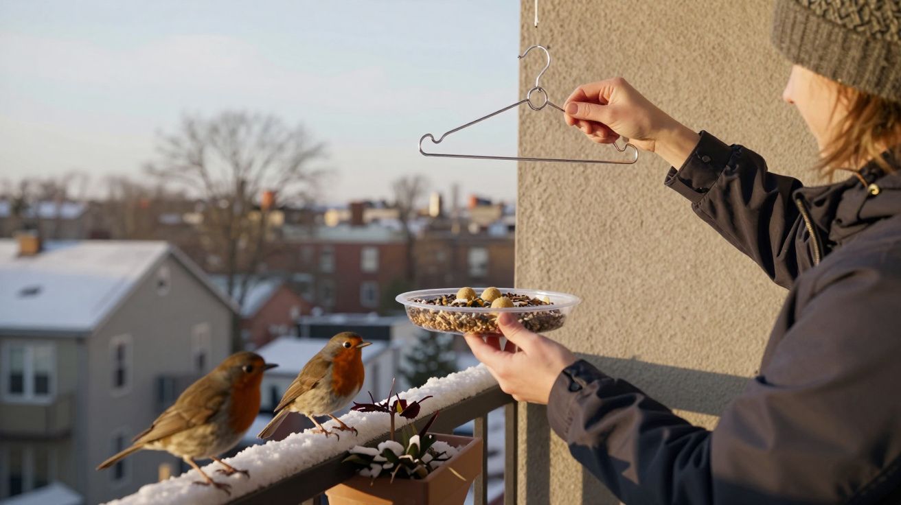Pessoa num balcão coberto de neve a alimentar dois pássaros com sementes e a pendurar um cabide.