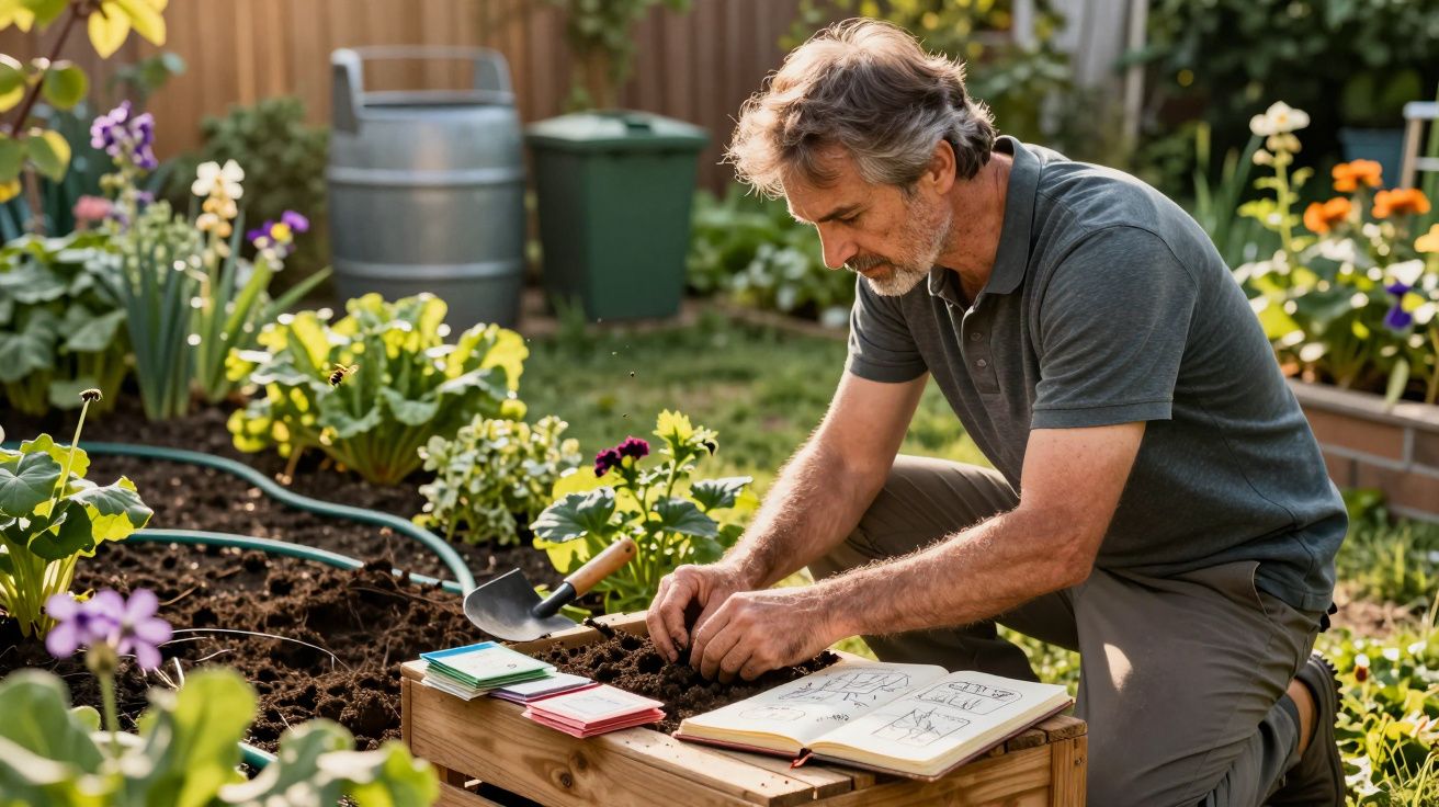 Homem a plantar sementes numa jardim, com livro de instruções e ferramentas de jardinagem ao lado.