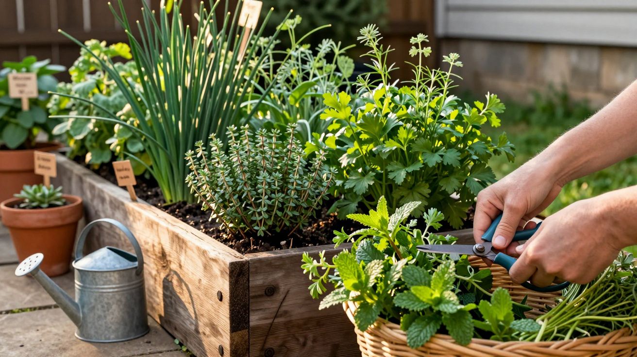 Pessoa a cortar ervas aromáticas frescas num canteiro elevado de madeira num jardim.