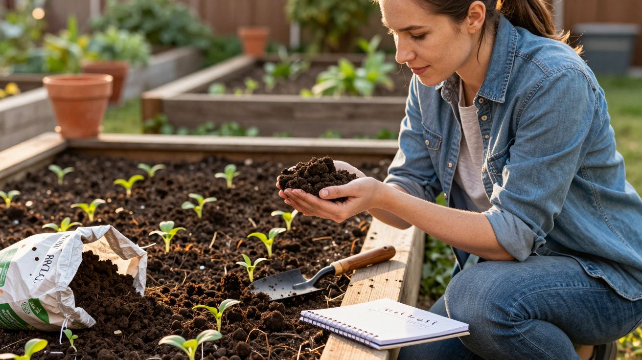 Mulher a analisar terra num canteiro com plantas jovens e ferramentas de jardinagem ao lado.