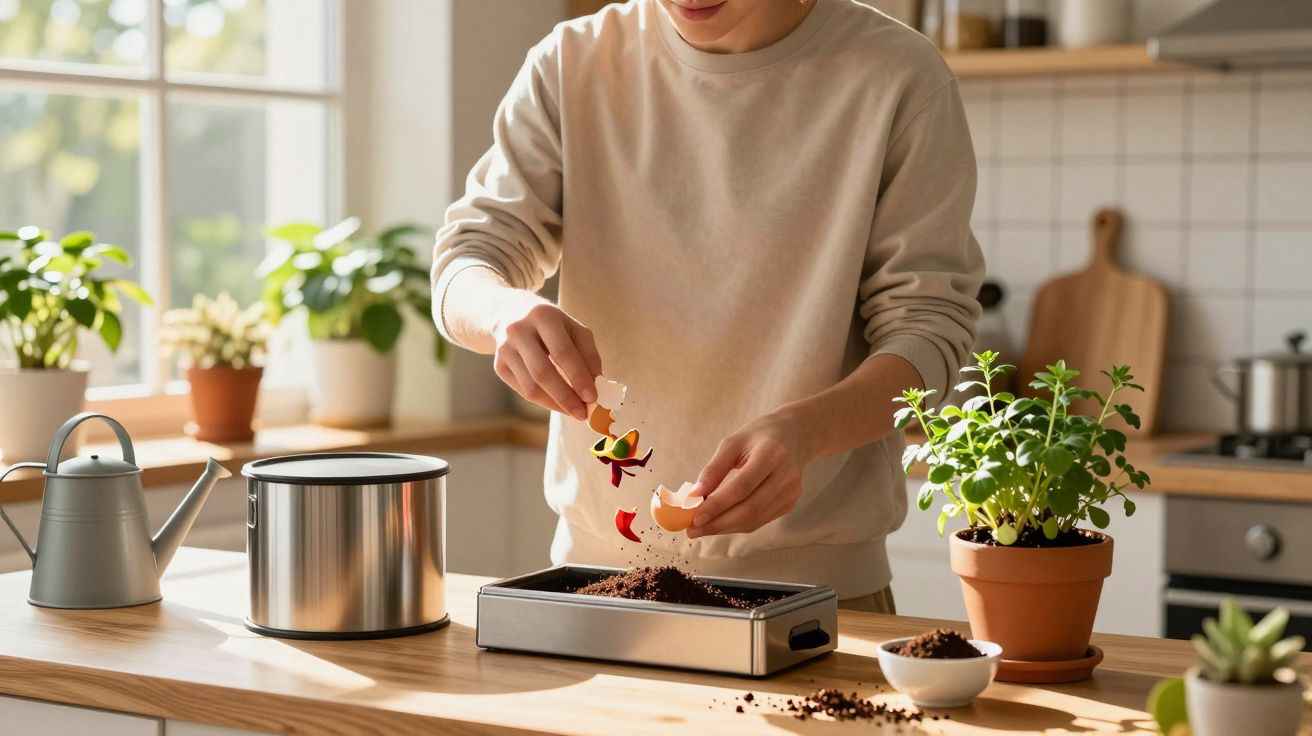 Pessoa a preparar composto orgânico com cascas de ovo e restos de vegetais numa cozinha iluminada.