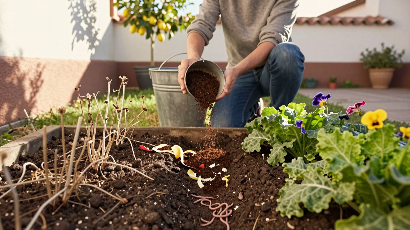 Pessoa a adicionar compostagem em canteiro de jardim com plantas e flores coloridas.