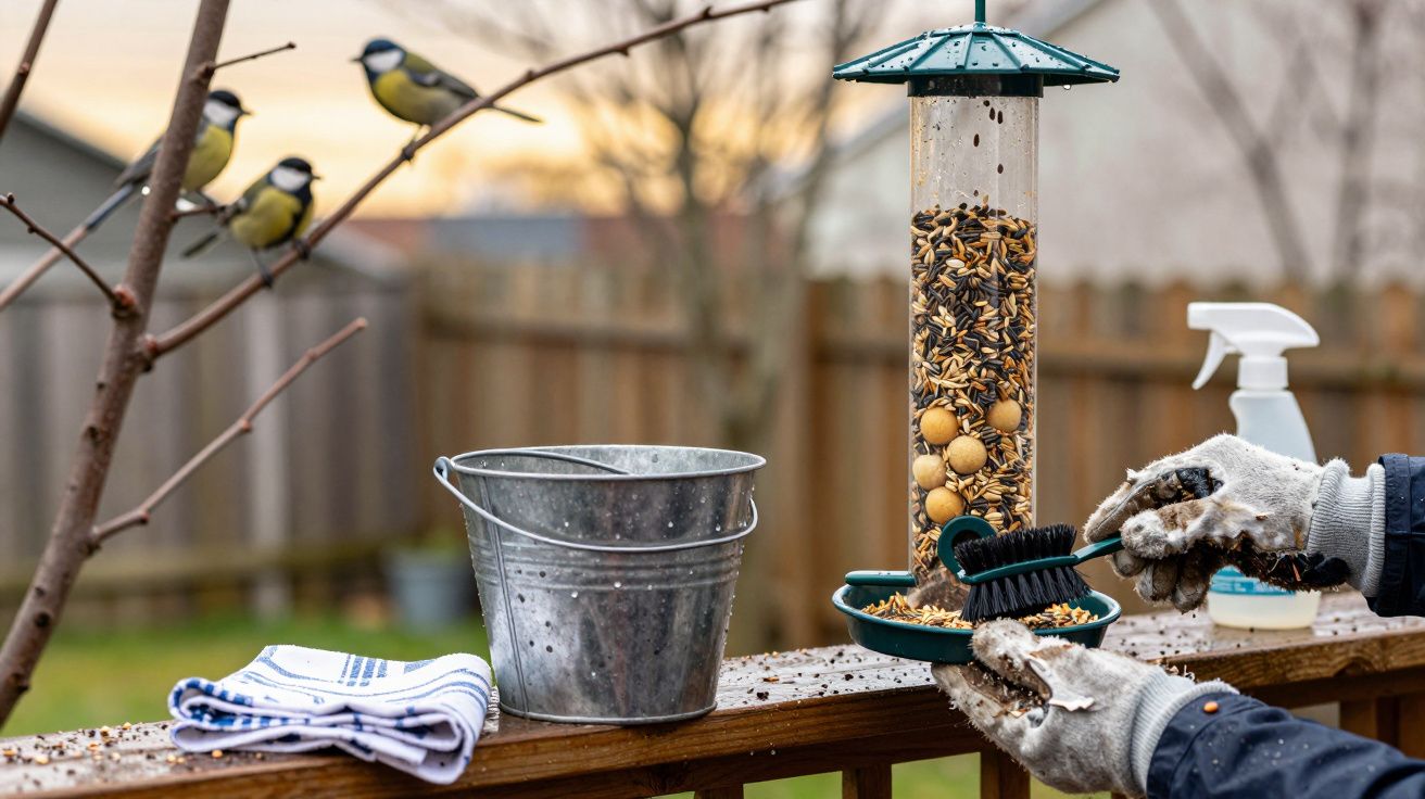 Pessoa de luvas a limpar com escova comedouro para aves junto a gaiola e três pássaros pousados num ramo.