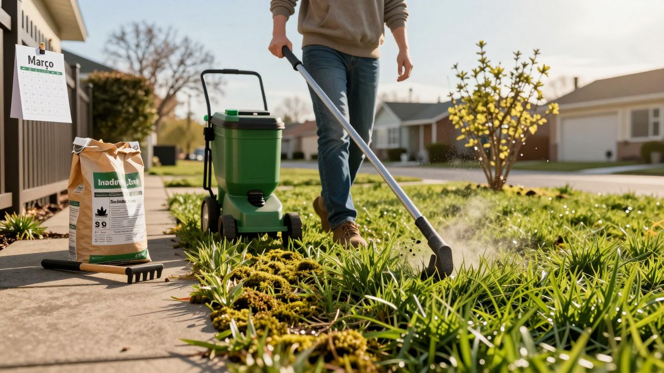 Pessoa a cuidar do jardim usando um pulverizador verde num dia de sol no mês de março.