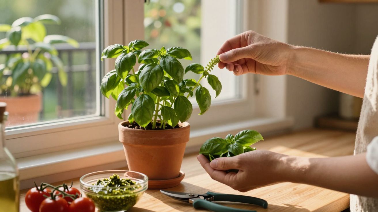 Pessoa a colher folhas de manjericão num vaso junto a uma janela com tomate e tempero na bancada.