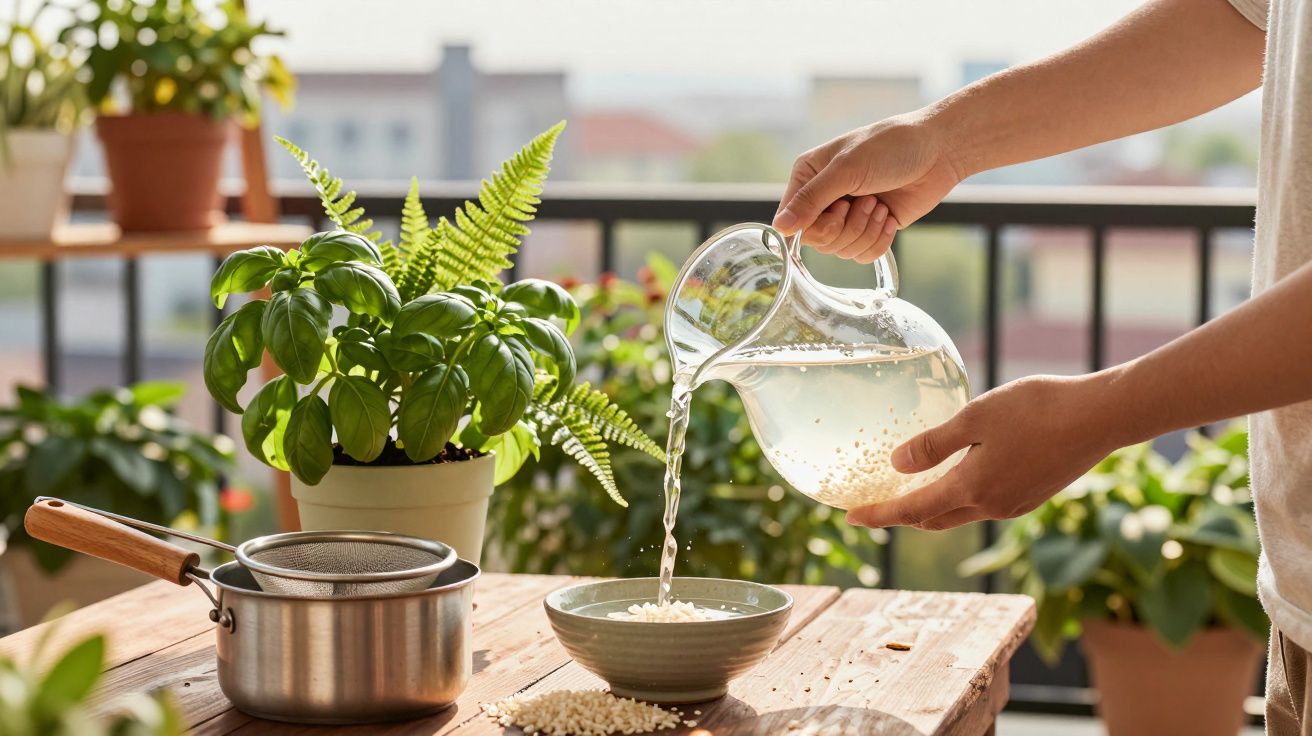 Pessoa a despejar água de jarro em taça com arroz numa mesa de madeira num ambiente exterior com plantas.