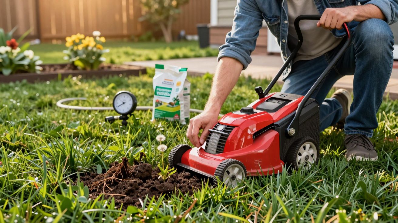 Pessoa a preparar cortador de relva vermelho em jardim verde com flores e ferramentas de jardinagem.