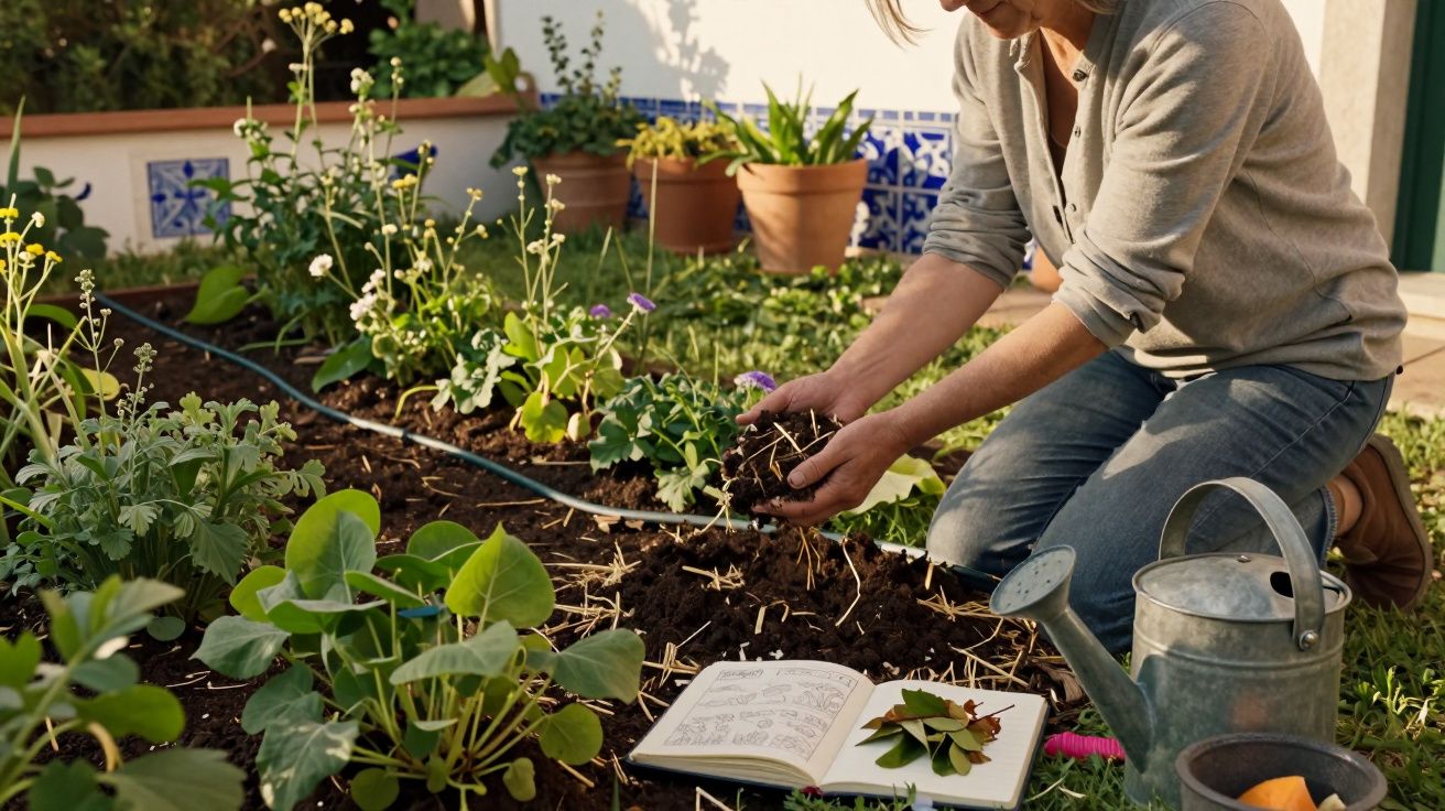 Pessoa a plantar flores num jardim com regador e caderno aberto ao lado.