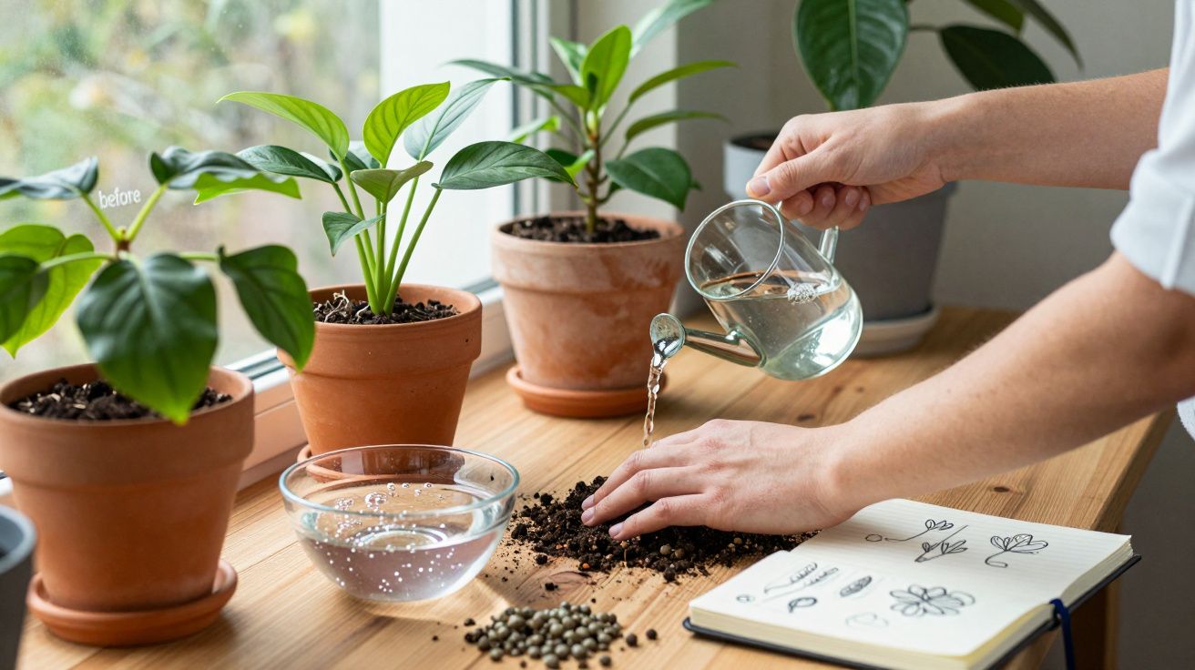 Pessoa a regar terra para plantas em vaso com regador transparente junto a caderno com desenhos de plantas.