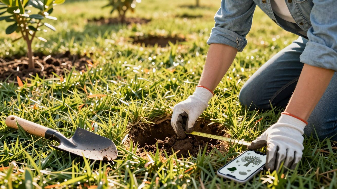 Pessoa com luvas a plantar muda numa cova no relvado, com enxada e smartphone ao lado.