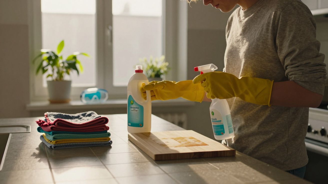 Pessoa com luvas amarelas a preparar produtos de limpeza numa cozinha iluminada, ao lado de panos dobrados.