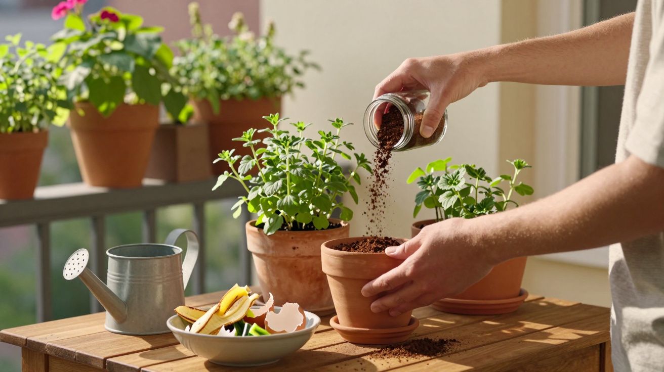 Pessoa a adicionar fertilizante em vaso de planta numa varanda com regador e compostagem ao lado.