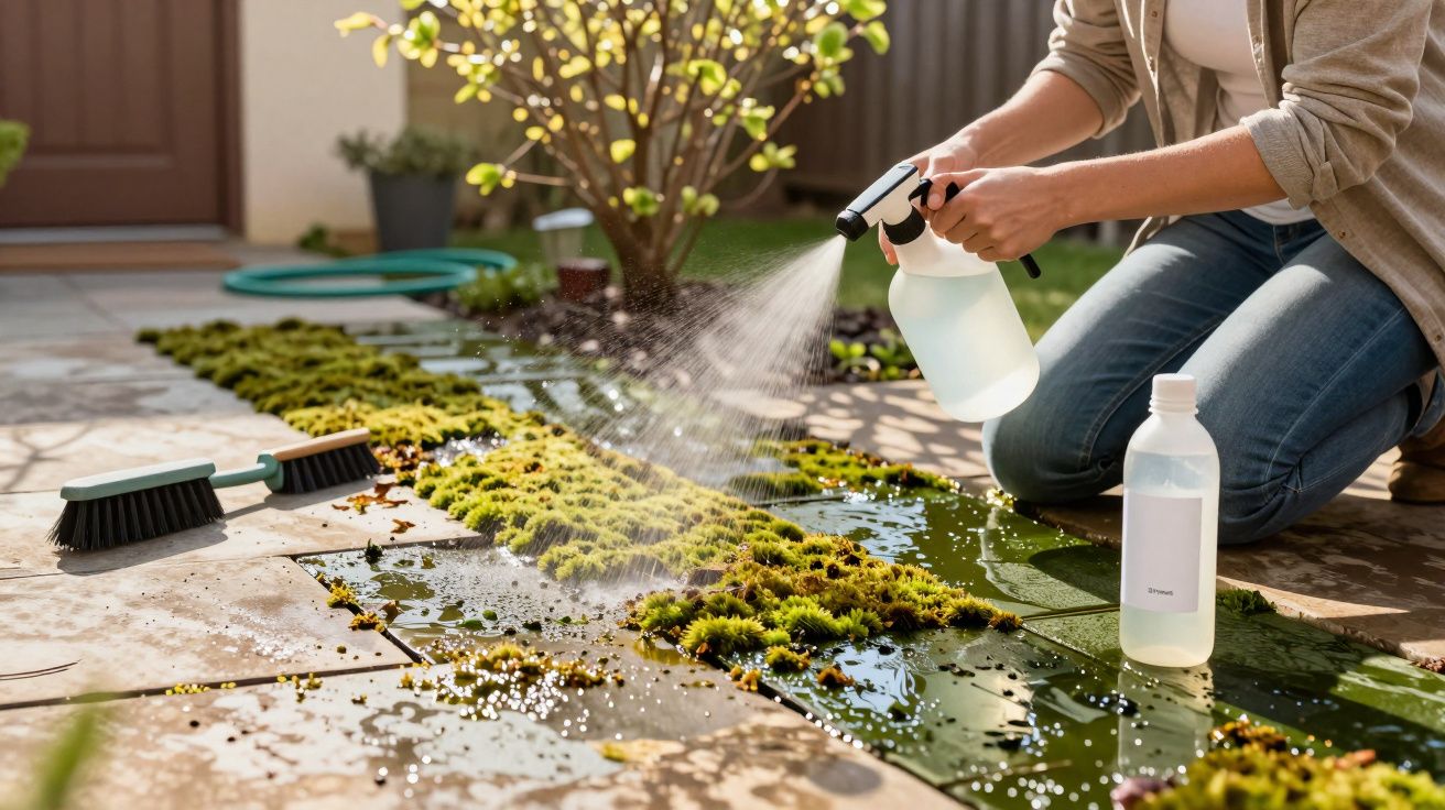 Pessoa a pulverizar produto para limpar musgo em chão de pedra num jardim exterior.