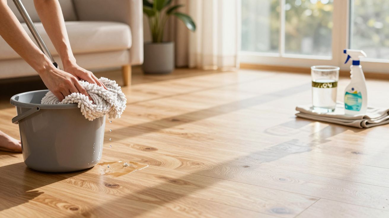 Pessoa a torcer pano húmido sobre balde cinzento num chão de madeira iluminado por luz natural.