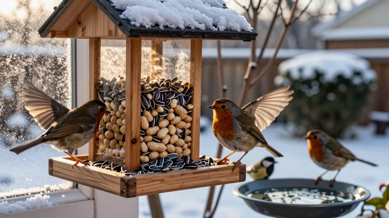 Pássaros a alimentarem-se numa casinha de madeira com sementes e amendoins, com neve no telhado e no chão.