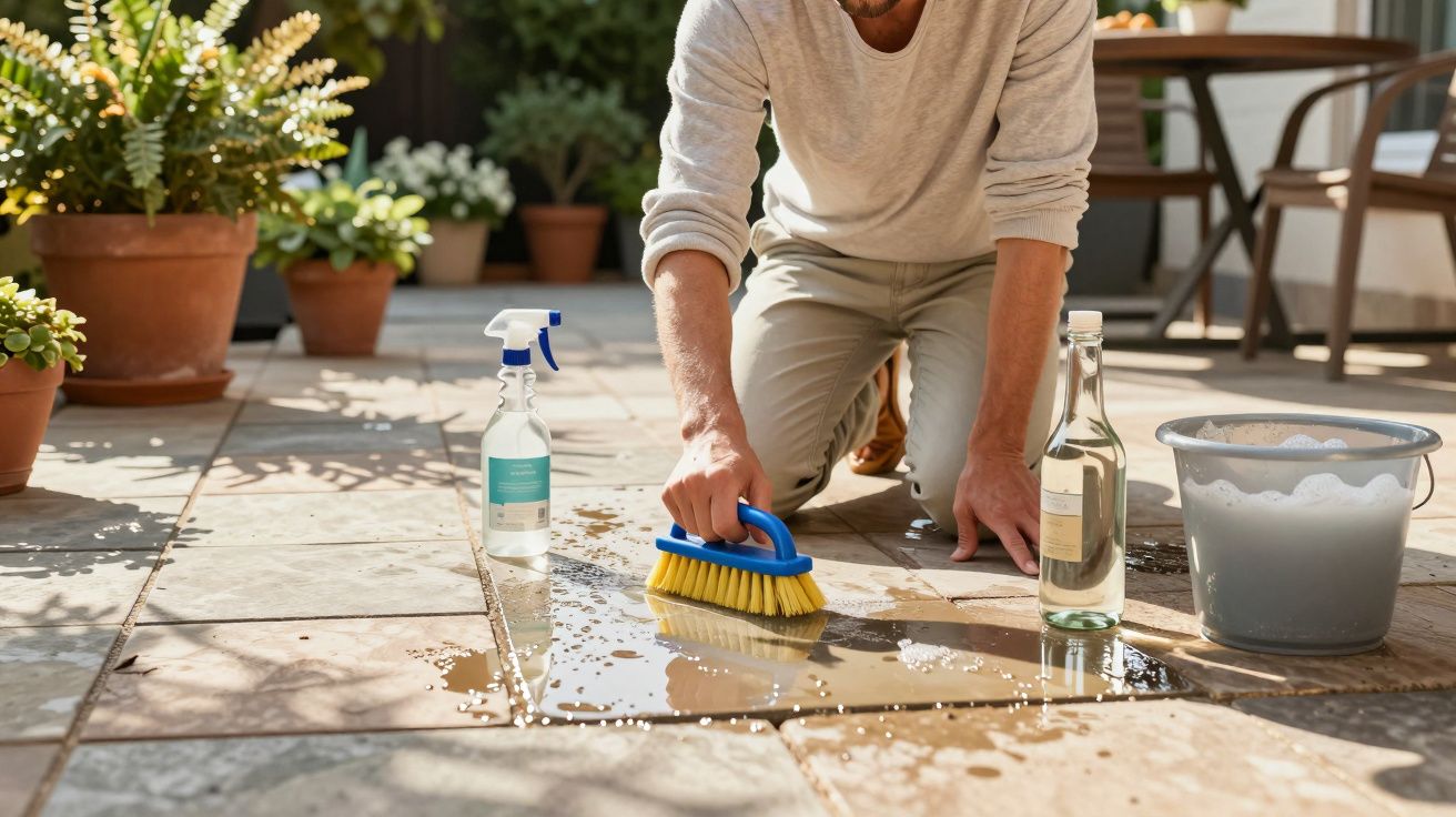 Pessoa a limpar chão exterior em azulejos com escova, balde, garrafa e pulverizador perto de vasos de plantas.