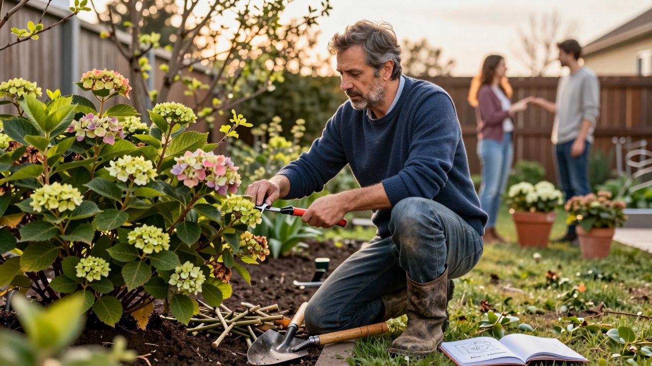 Homem adulto a cuidar de uma planta florida no jardim com casal ao fundo conversando.