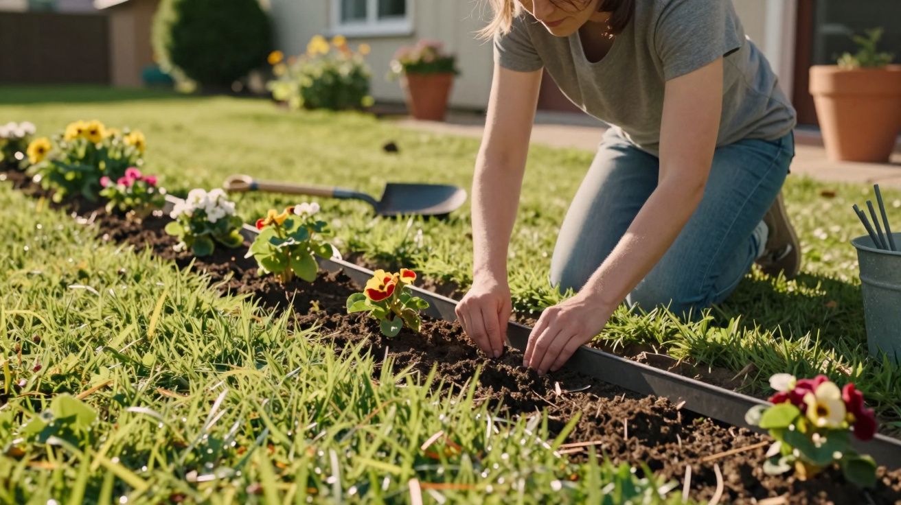 Pessoa a cuidar de plantas num canteiro no jardim de uma casa durante o dia.