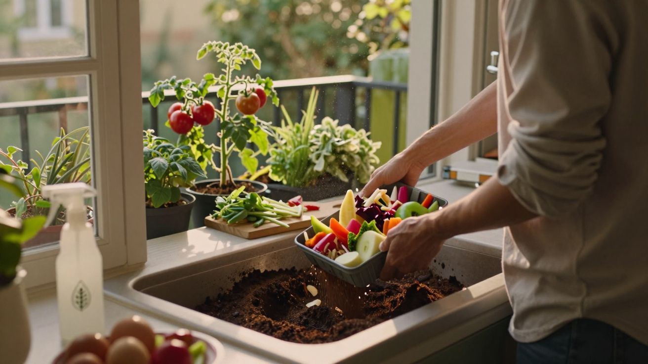 Pessoa a fazer compostagem em casa com vegetais numa cozinha iluminada por luz natural.