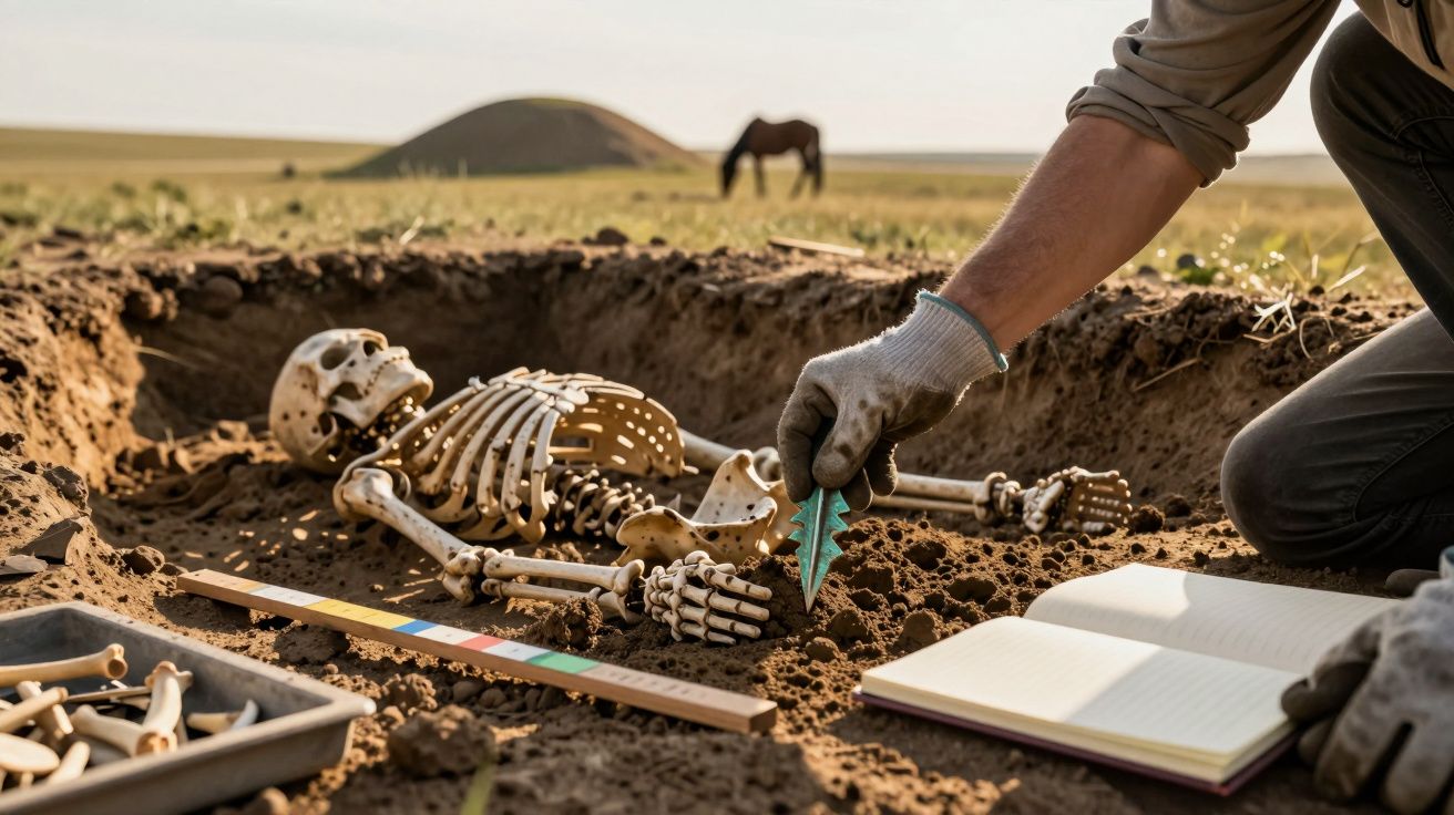 Arqueólogo examinando esqueleto em escavação, com caderno e ferramentas ao lado, num campo aberto com cavalo ao fundo.