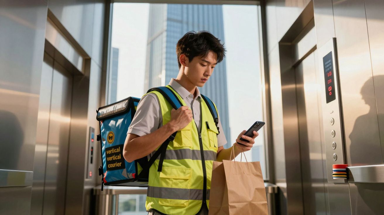 Entregador com colete refletor e mochila num elevador, segura um saco e olha para o telemóvel.
