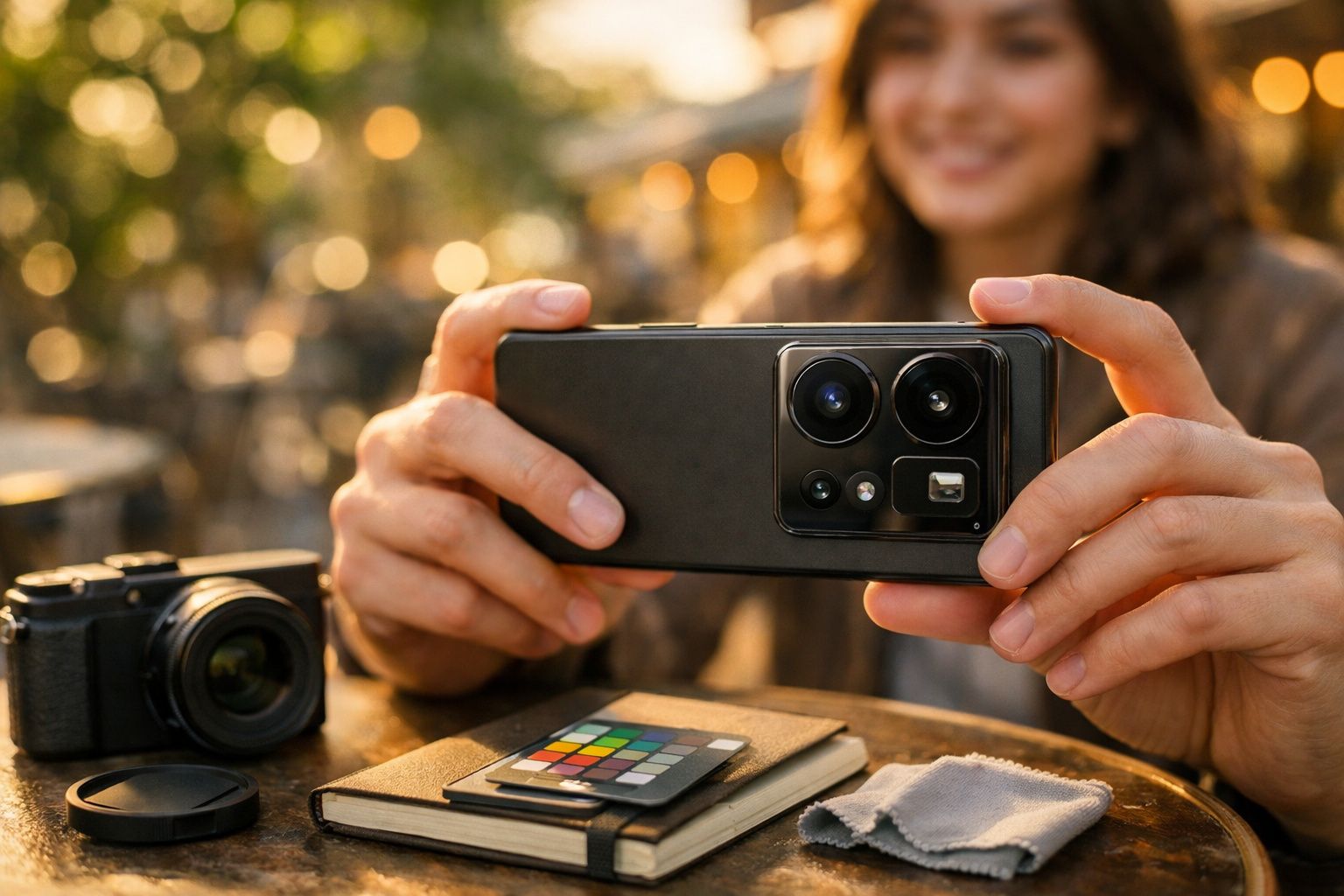 Pessoa a segurar um smartphone preto com câmera destacada ao fundo de um café, junto a uma câmera tradicional na mesa.