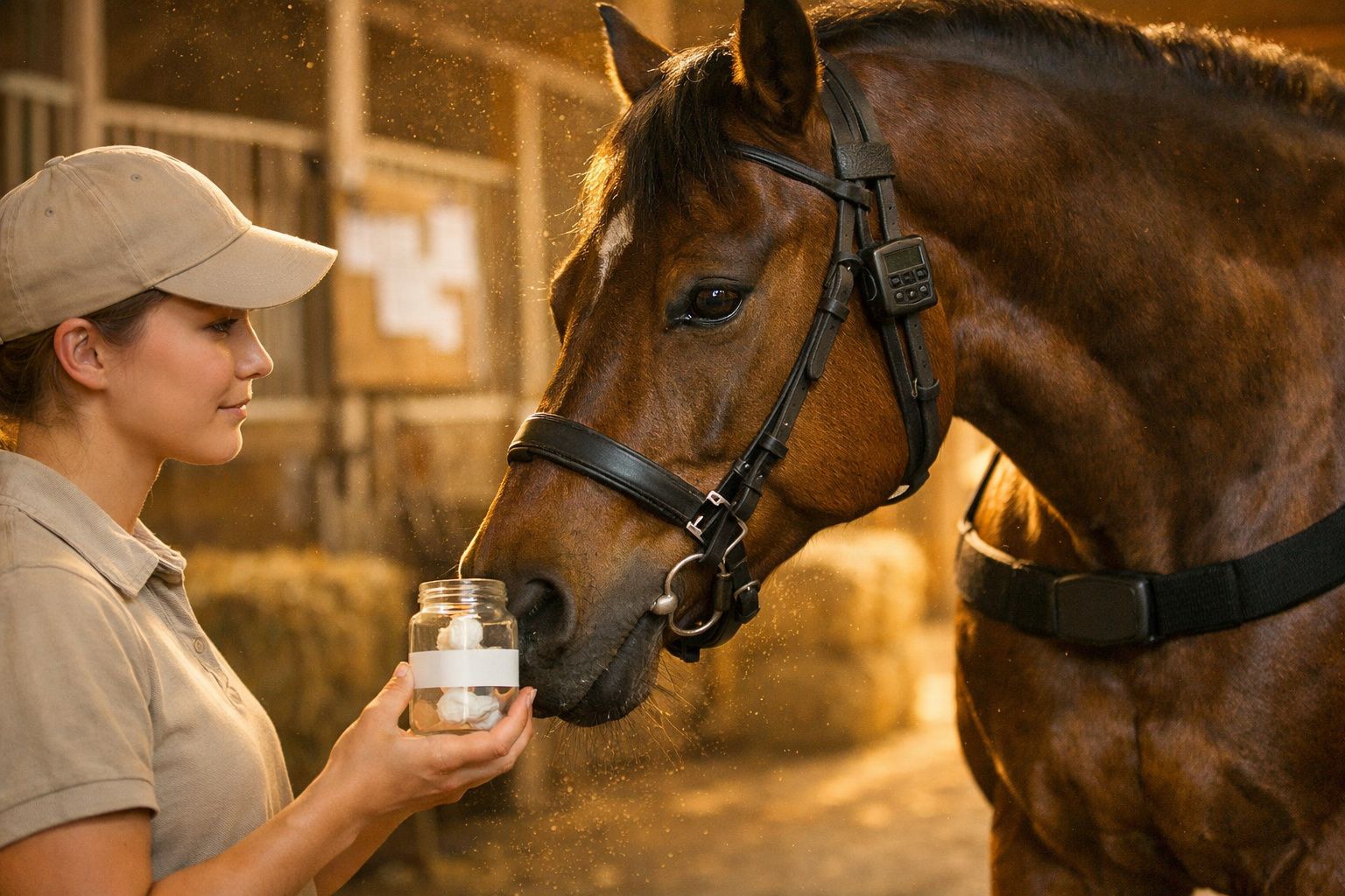Mulher com boné segurando frasco enquanto cavalo marrom cheira, em estábulo com fardos de palha ao fundo.
