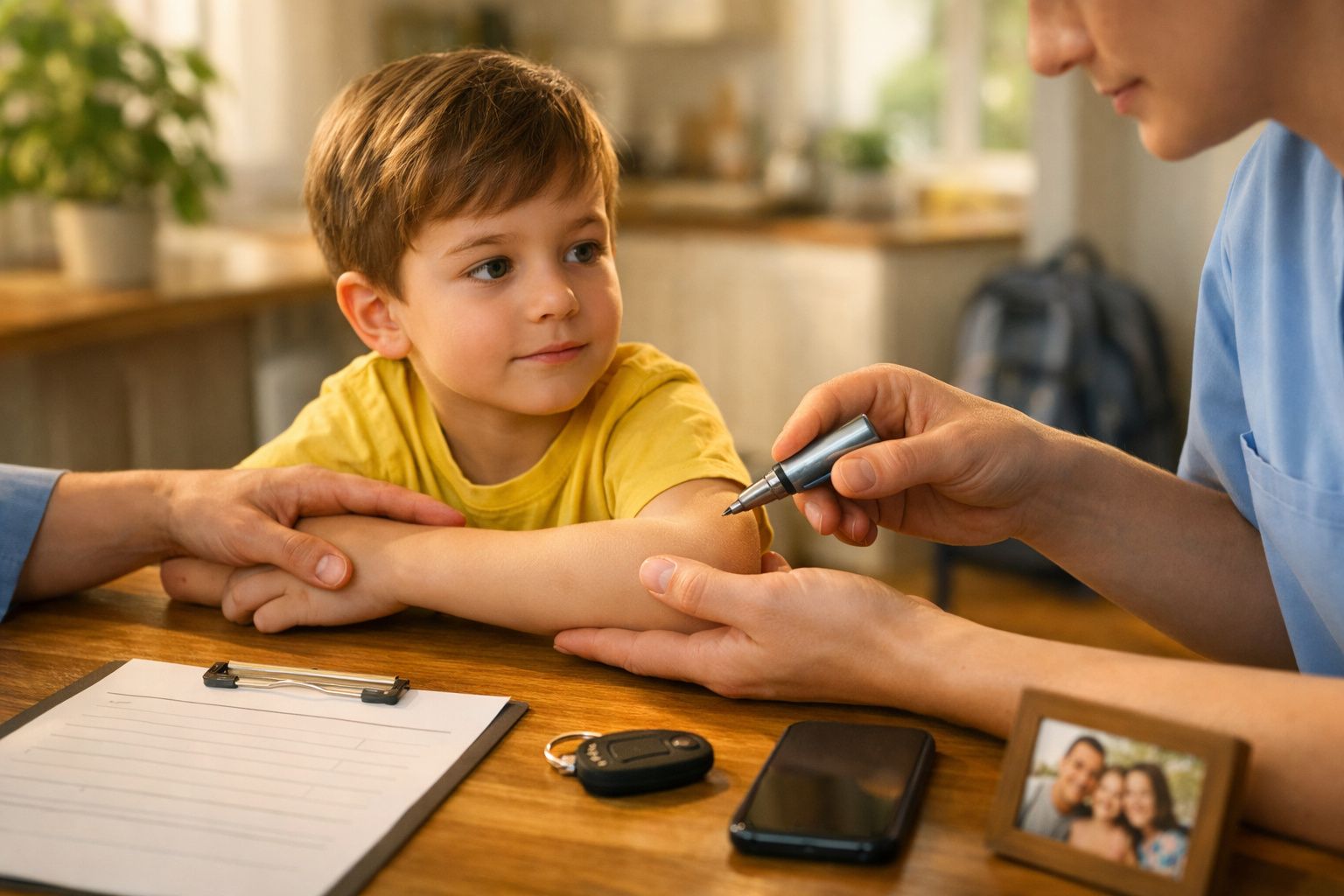 Homem e mulher sentados à mesa, ele ajuda-a a medir o açúcar no sangue com um dispositivo de teste.