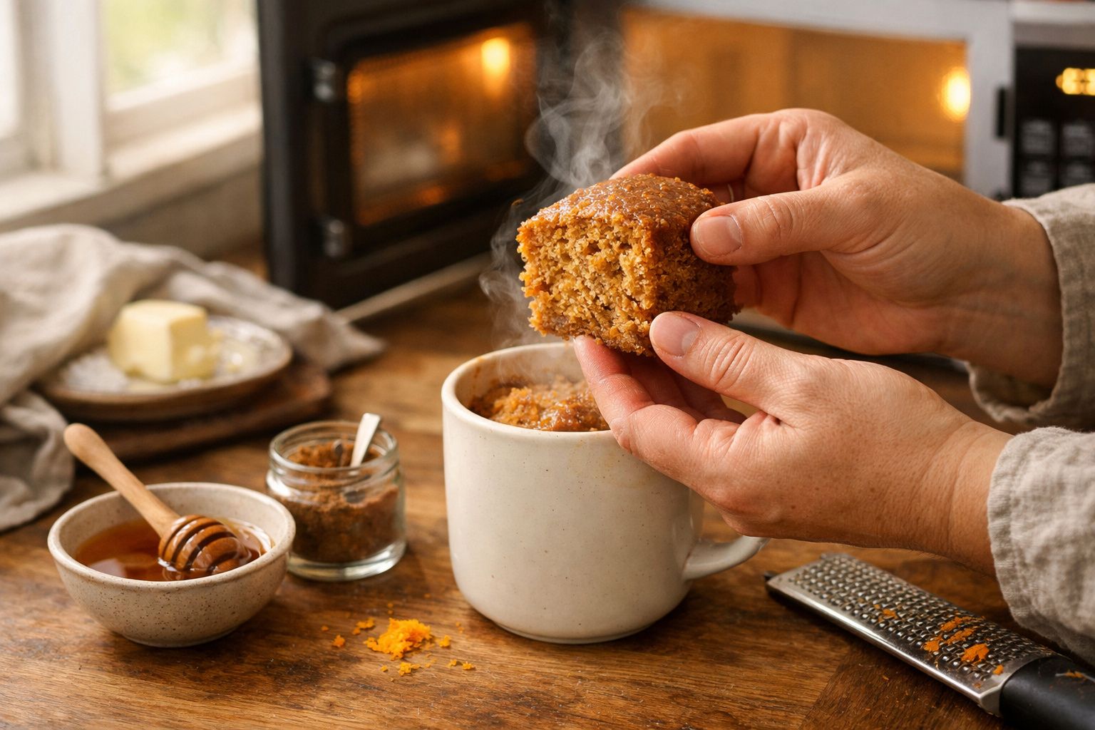 Mãos retiram pão acabado de cozer de uma forma no balcão com ingredientes ao redor.