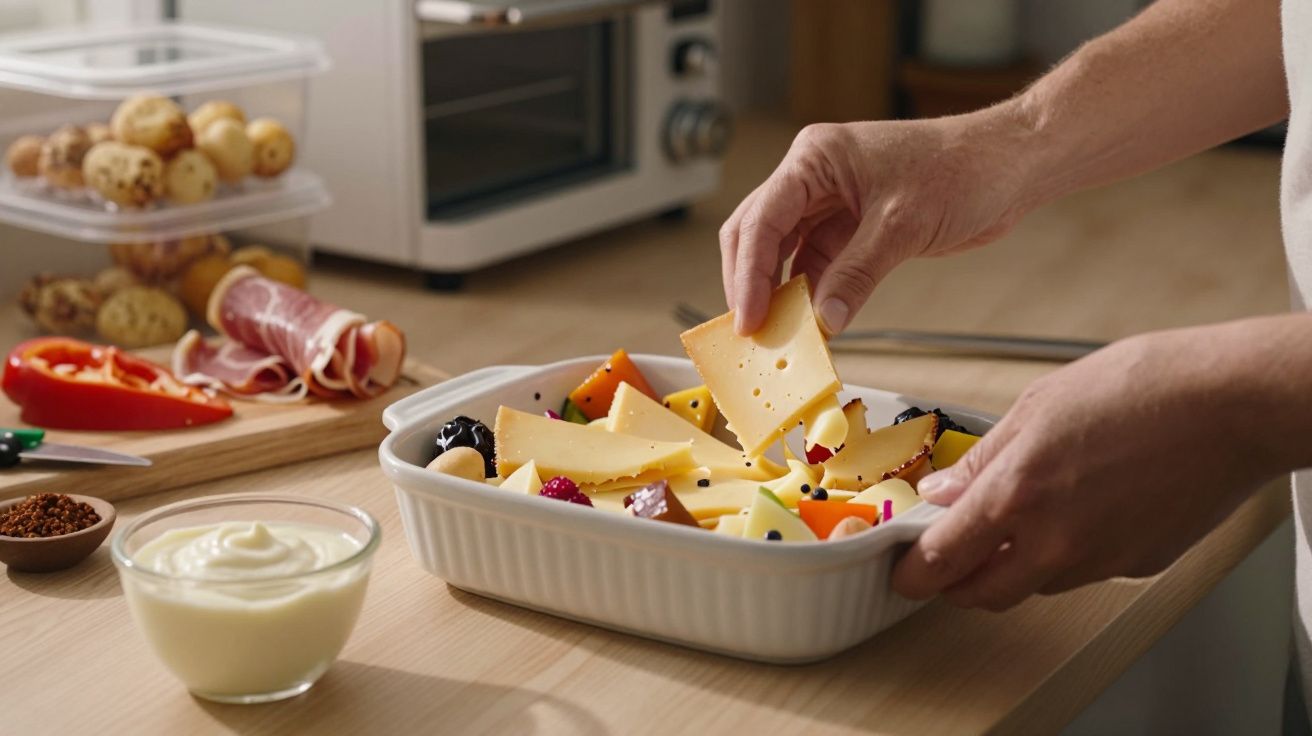 Pessoa preparando um prato de queijo com frutas e bolachas numa cozinha, com ingredientes variados ao fundo.