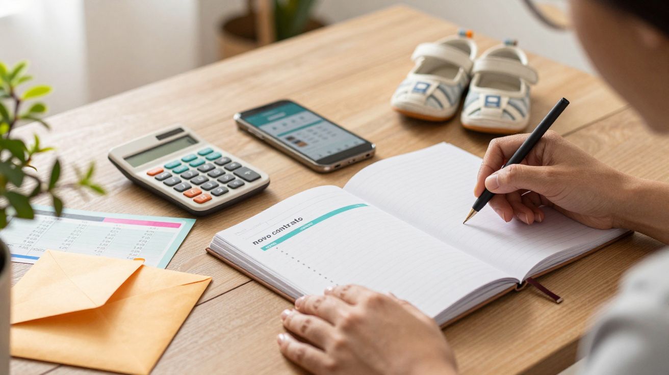 Pessoa escreve num caderno com calculadora, telemóvel e sapatinhos de bebé na mesa.