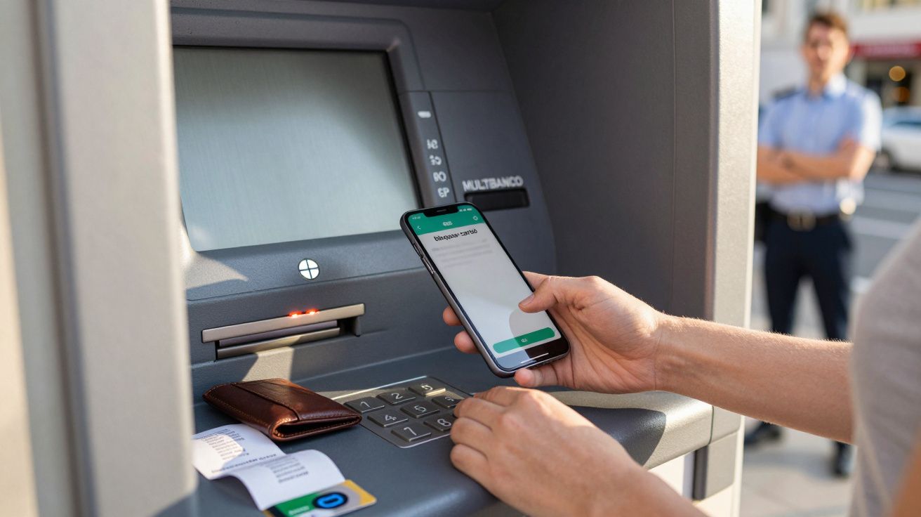 Pessoa usa smartphone em ATM ao ar livre, com carteira ao lado.