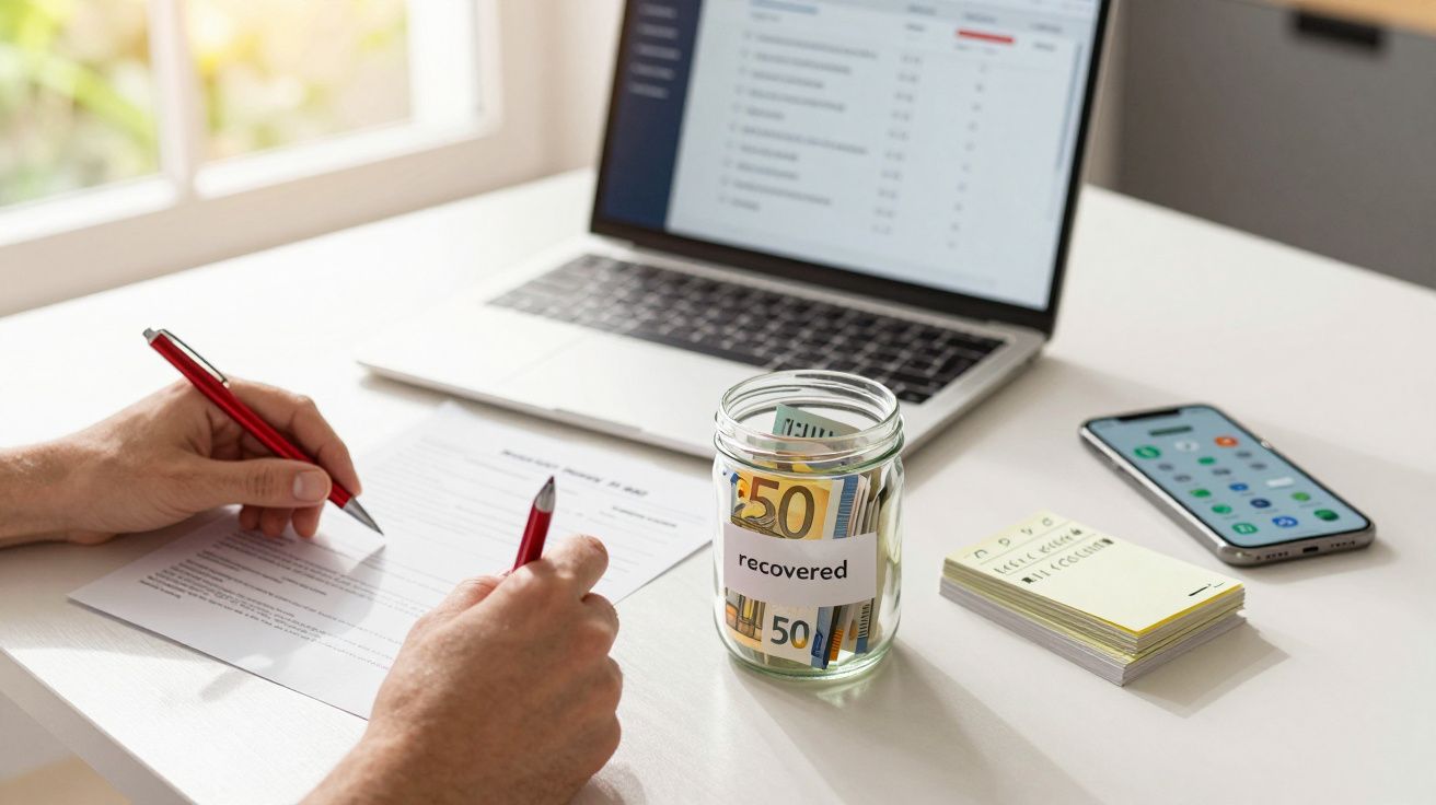 Pessoa a assinar documentos num escritório com portátil, telemóvel e jarro com notas de euro ao lado.