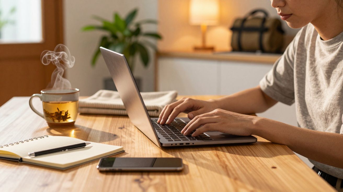 Pessoa a trabalhar num portátil numa mesa de madeira, com chá, caderno, caneta e telemóvel. Planta e luz ao fundo.