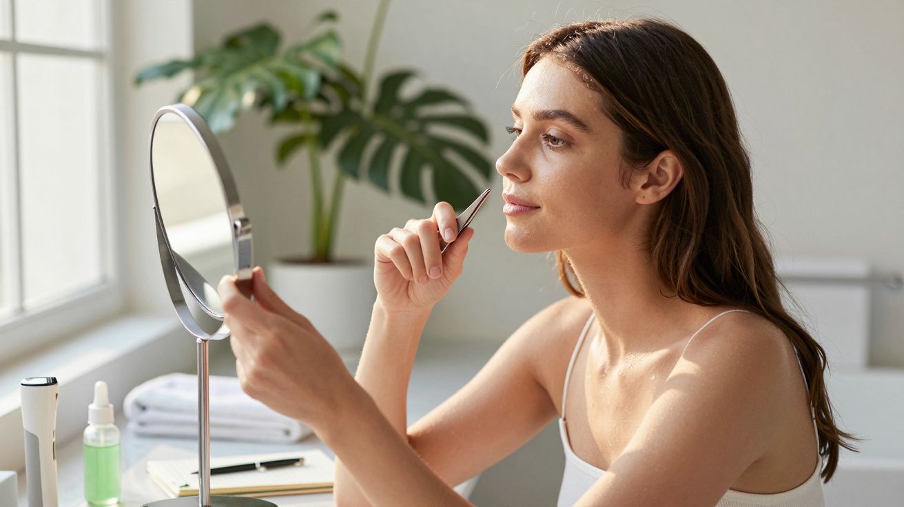 Mulher a usar pinça em frente ao espelho, sentada numa mesa com produtos de beleza, planta ao fundo.