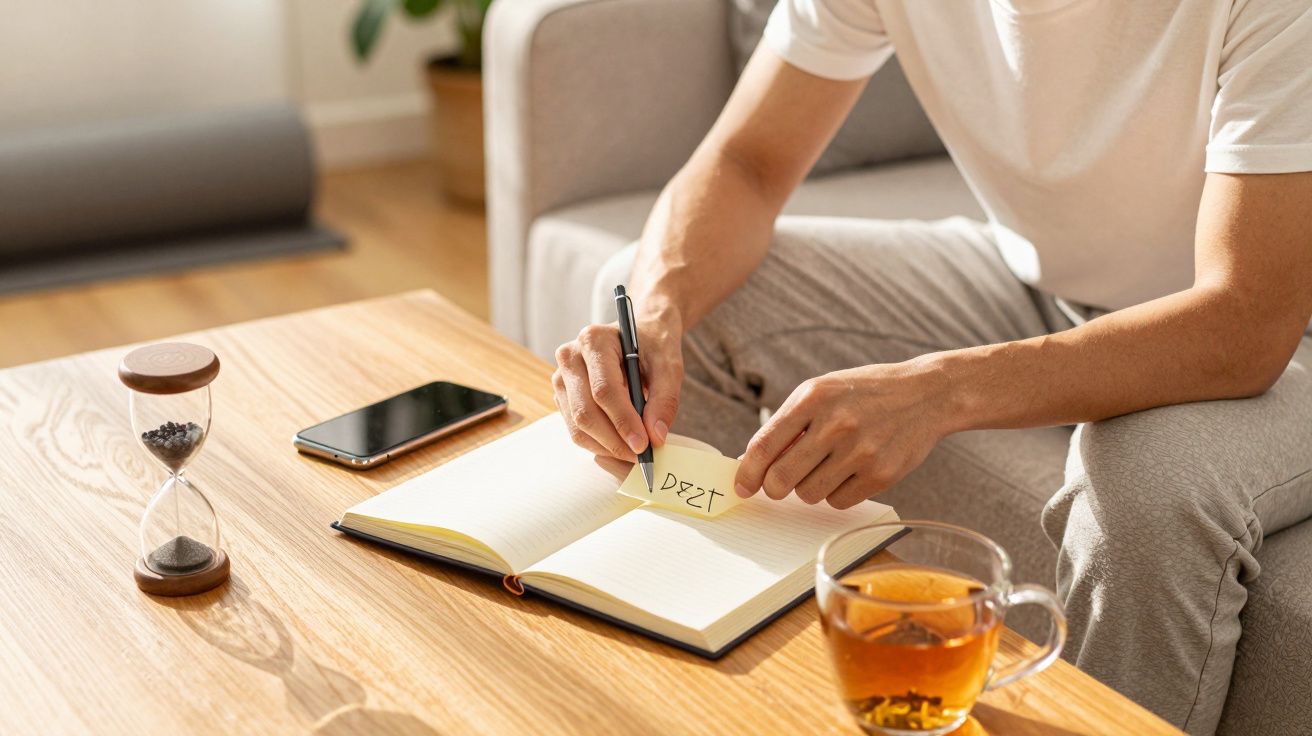 Pessoa a escrever num caderno numa mesa de sala, com ampulheta, telemóvel e chá.