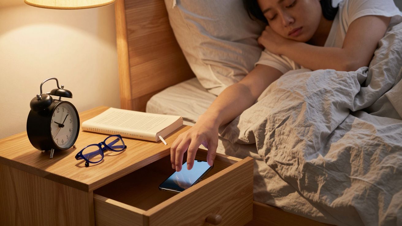 Pessoa adormecida na cama, estende a mão para o smartphone numa gaveta. Na mesa, há óculos, um livro e um despertador.