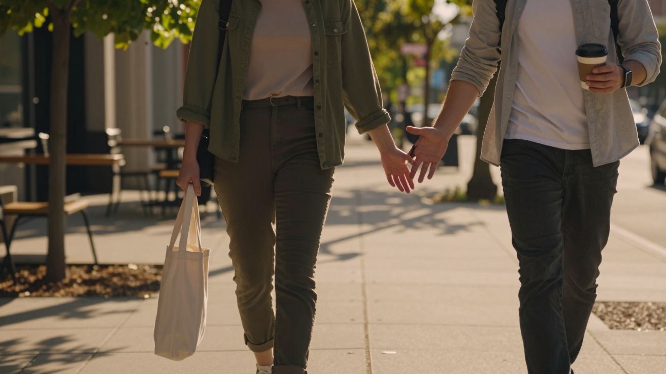 Duas pessoas a caminhar de mãos dadas na rua, uma segura um saco de pano e outra um copo de café descartável.