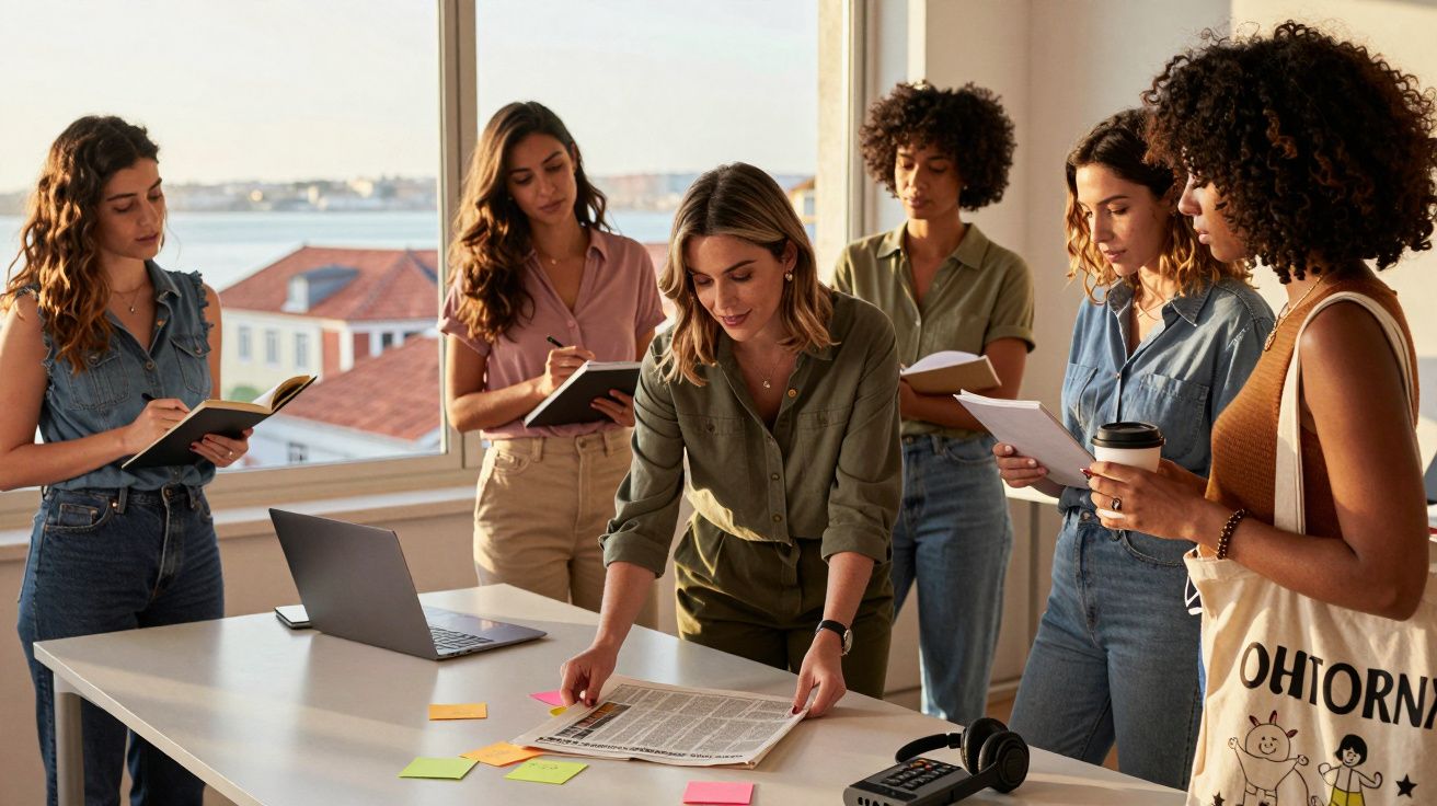 Grupo de mulheres em reunião de trabalho, analisando documentos e notas em sala iluminada.