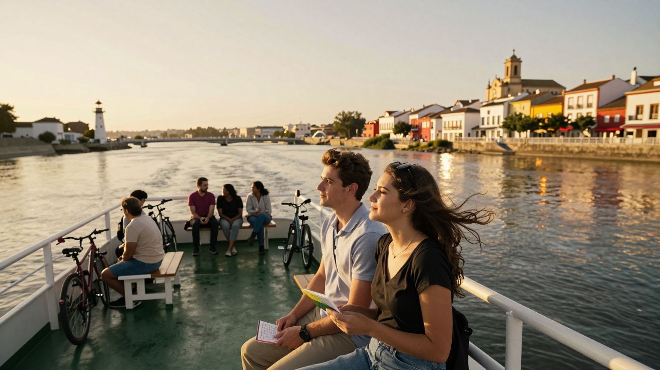 Pessoas num barco ao entardecer, navegando por um rio em frente a uma vila colorida com bicicletas a bordo.