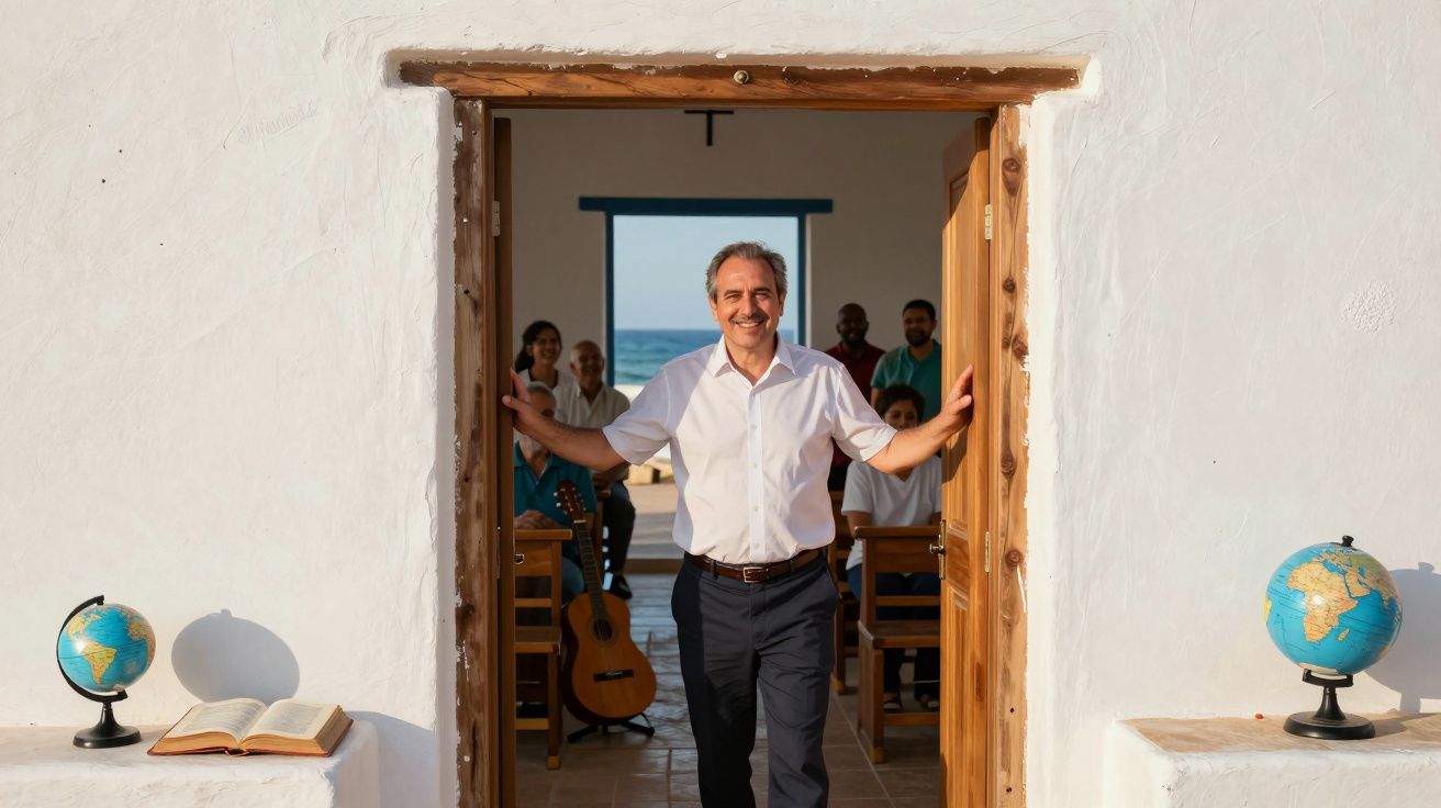 Homem sorridente na entrada de uma sala com pessoas, livro aberto e globos terrestres ao lado.