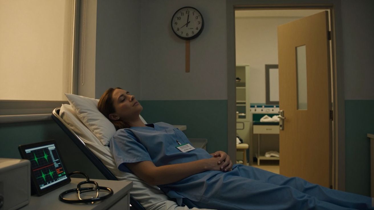 Mulher deitada numa cama de hospital, vestindo uniforme azul, com monitor de sinais vitais ao lado.