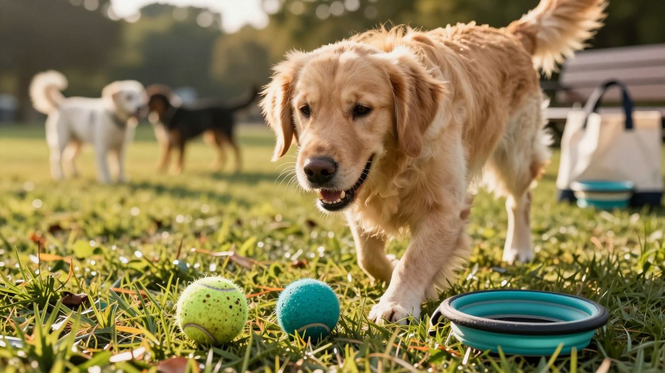 Cão dourado joga com bolas coloridas num parque verde, com outros cães ao fundo.