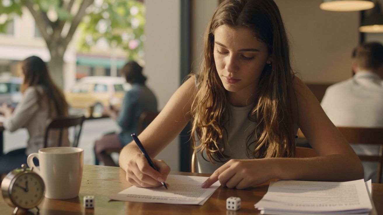Jovem a estudar e escrever numa mesa de café com chá e dados à sua frente.
