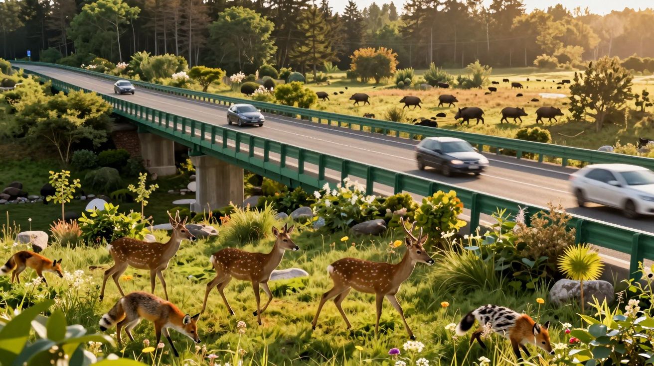 Veado, raposas e javalis junto a uma estrada elevada com carros em movimento numa paisagem natural.