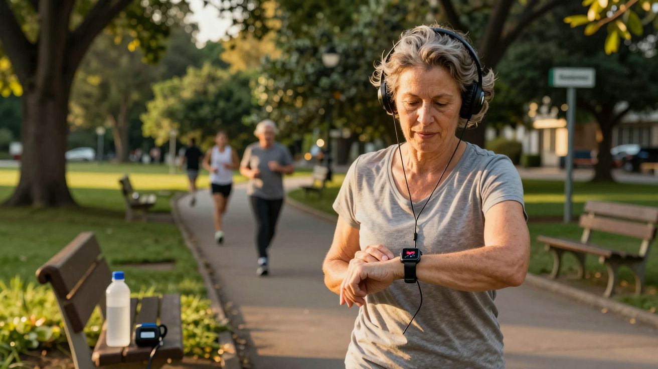 Mulher sénior com auscultadores a verificar relógio inteligente enquanto se exercita num parque.